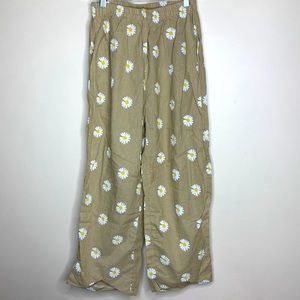 Tan Daisy Flower Pattern Pocket Cotton Beach Pants Hippie 70’s Flashback Bottoms